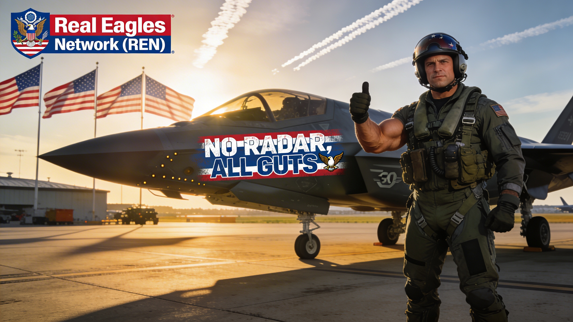 Pilot thumbs-up in front of F-35 stenciled 'NO RADAR, ALL GUTS'