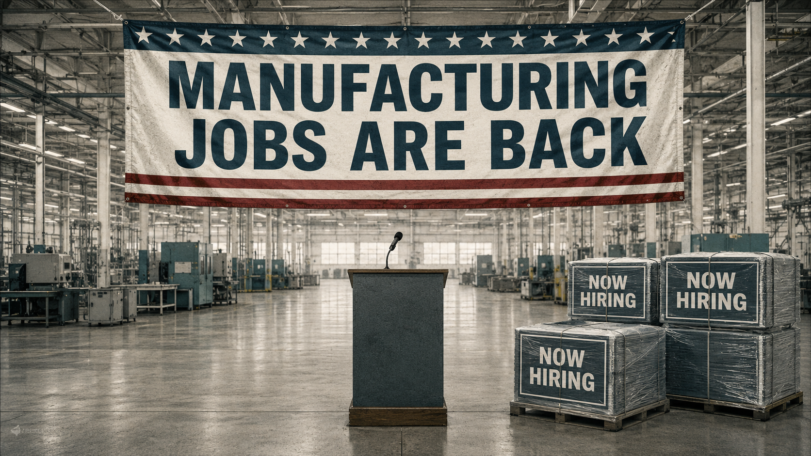 An empty factory floor with a podium, a banner reading Manufacturing Jobs Are Back, and unopened stacks of Now Hiring signs.