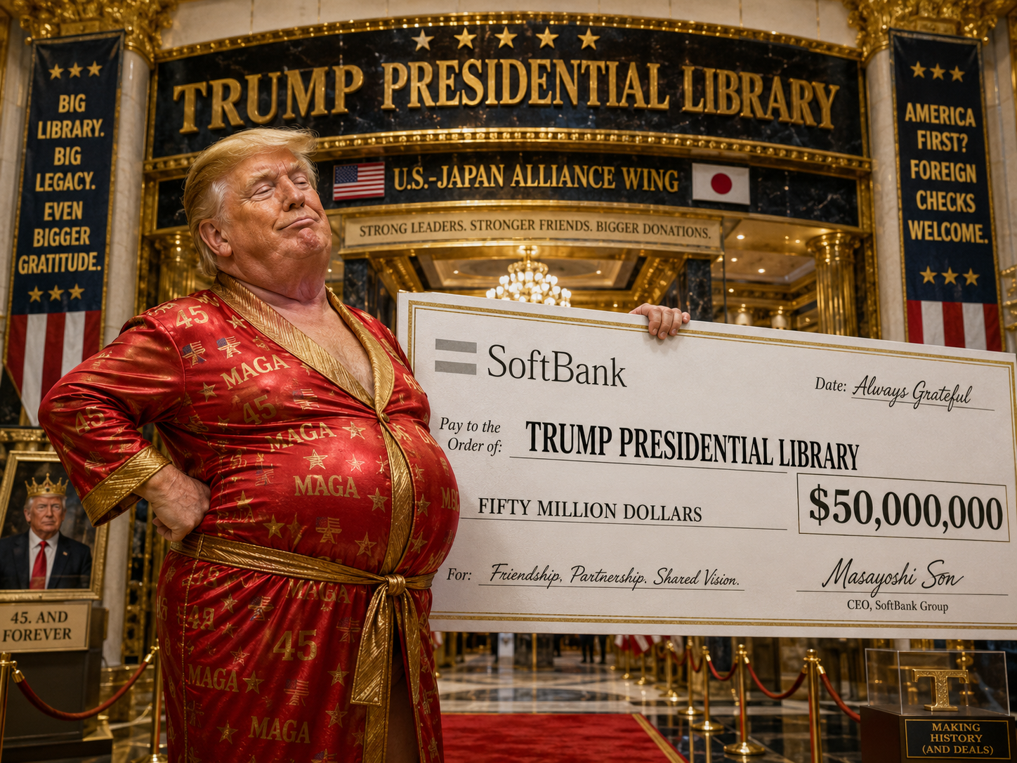 Satirical image of Donald Trump in a tight red MAGA robe holding an oversized SoftBank check for a Trump presidential library inside a gaudy gold museum lobby.