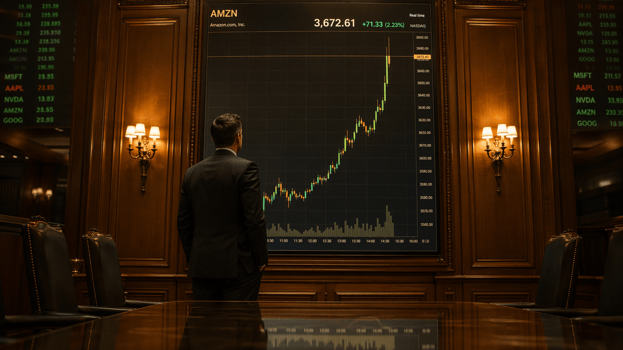 A man in a suit stands before a towering gold bar chart, hands at his sides, surrounded by rising ticker symbols in a wood-paneled room.