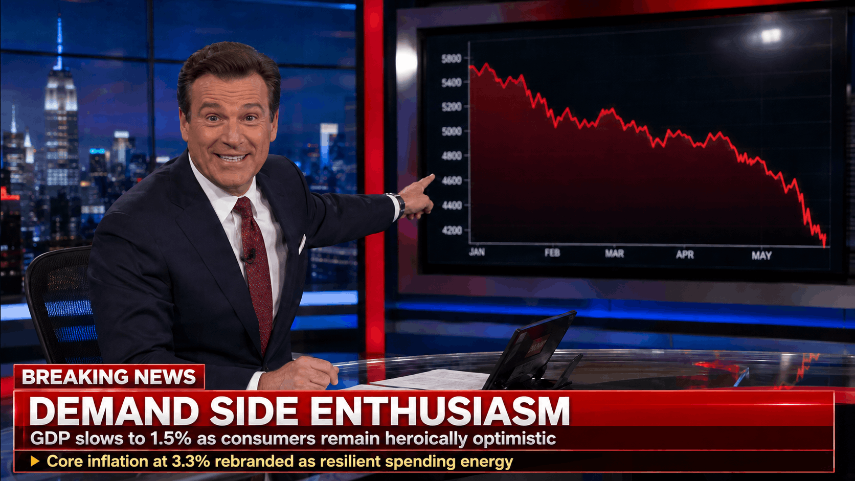A cable news financial anchor gestures enthusiastically at a downward-trending chart on a studio monitor