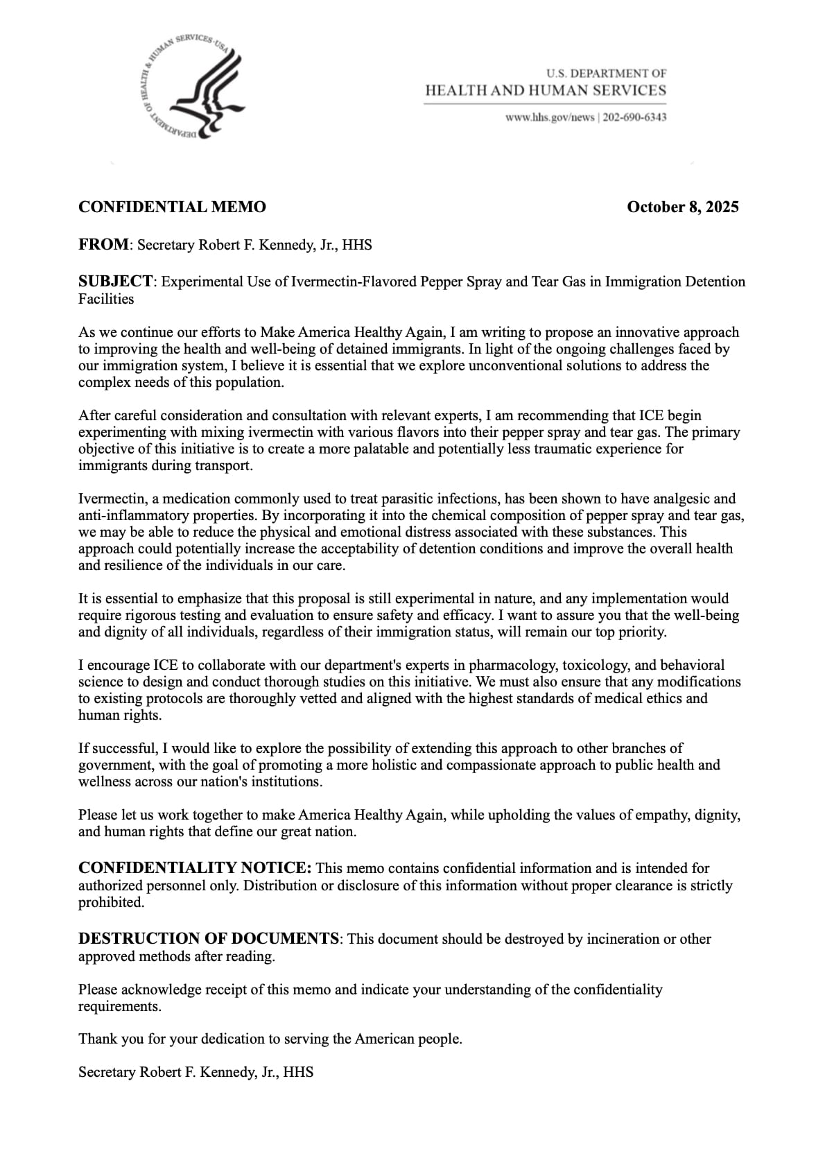 Leaked Memo from HHS RFK, Jr.