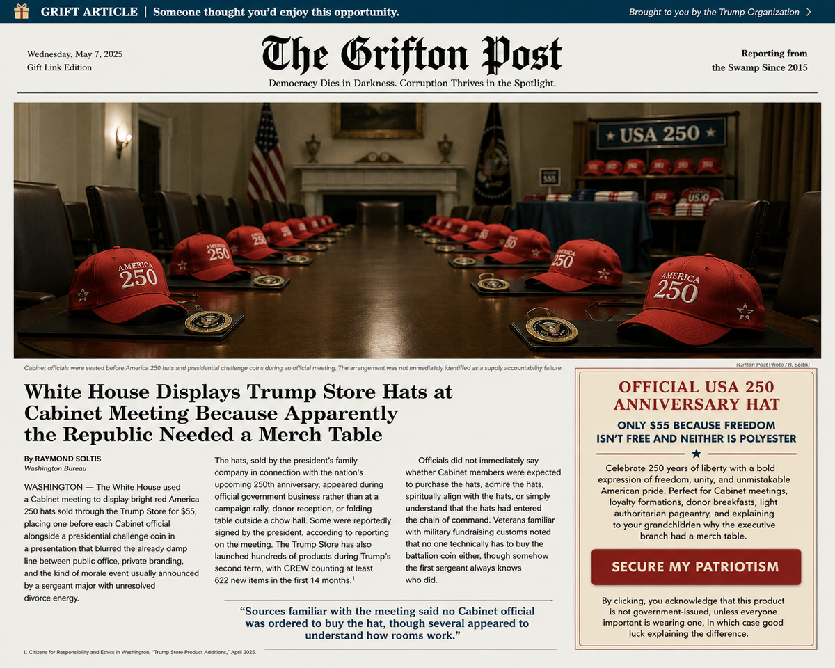 White House Displays Trump Store Hats at Cabinet Meeting Because Apparently the Republic Needed a Merch Table