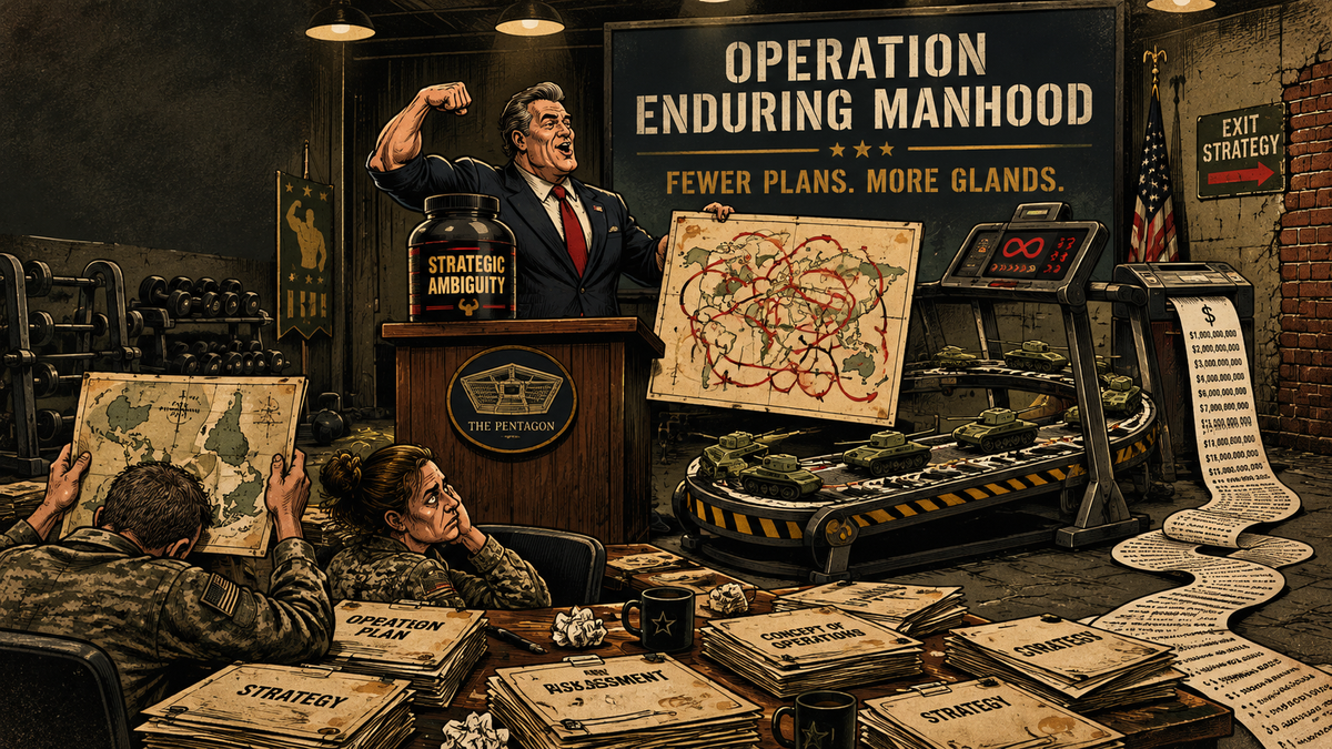 Pentagon Announces Operation Enduring Manhood. Exit strategies are out. Leg day is mandatory. A Whiskey Leaks satirical dispatch.