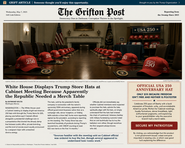 White House Displays Trump Store Hats at Cabinet Meeting Because Apparently the Republic Needed a Merch Table