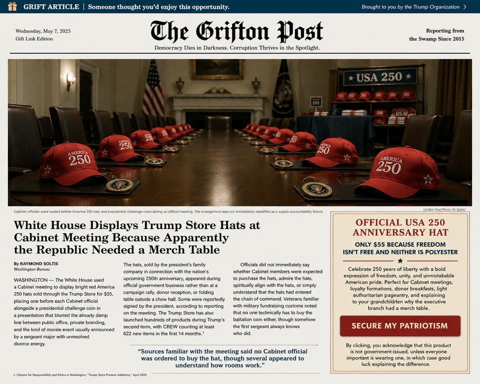 White House Displays Trump Store Hats at Cabinet Meeting Because Apparently the Republic Needed a Merch Table